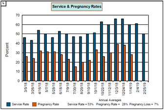 Block L graph showing decrease in pregnancy rates during warmer months compared to colder months. The lowest pregnancy rate was observed on July 30, which was 10 percentage points lower than in March.