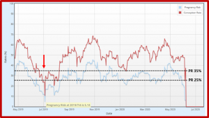 Figure 5. Pregnancy risk or rate and conception rate over a 14-month period. In figure 5, pregnancy risk or pregnancy rate, which are used interchangeably throughout this factsheet, measures the percentage of eligible animals that become pregnant during a determined period of time.   There is a sharp decrease in pregnancy risk and conception rate in July 2019.
