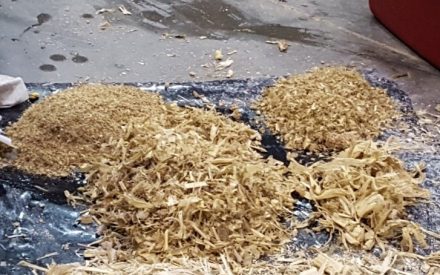 Corn silage that has been through the particle size separator boxes. There are four fractions ranging from coarse to fine, all arranged on a sheet of plastic.