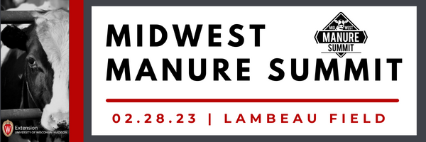 Midwest Manure Summit banner with the summit date: February 28, 2023 and Lambeau field in red text.
