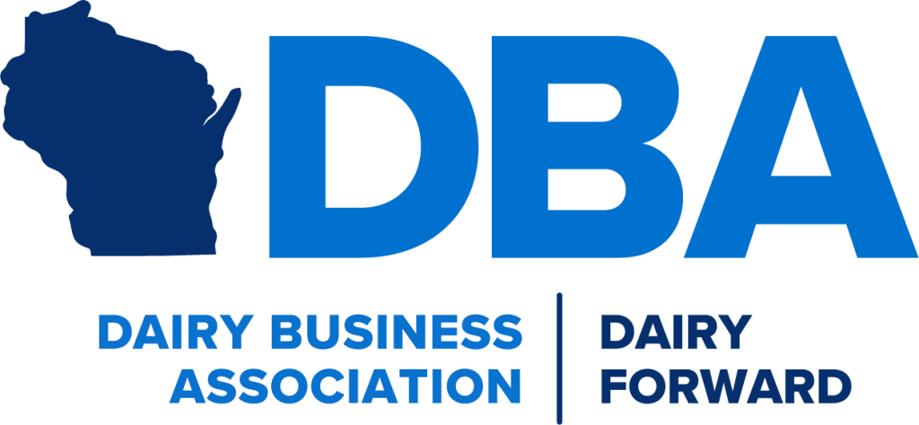 Dairy Business Association logo in blue lettering featuring a blue Wisconsin and "dairy forward".