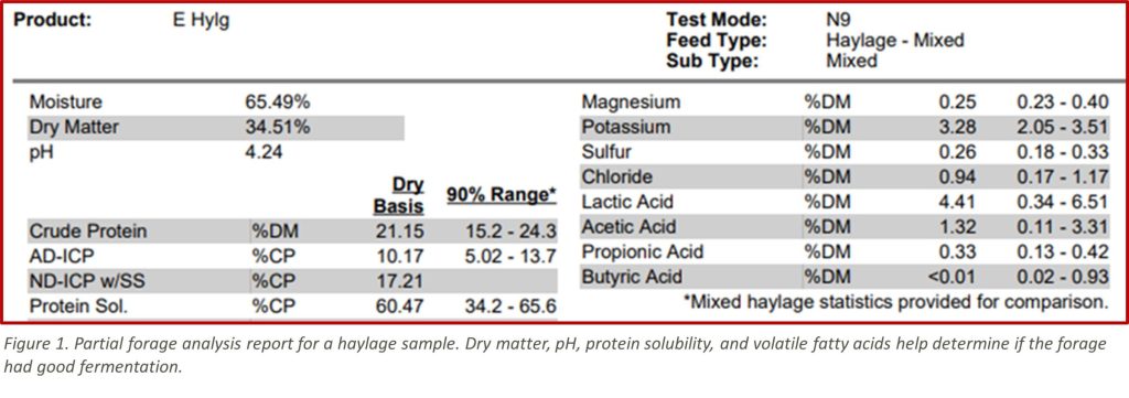 Figure 1. Partial forage analysis report for a haylage sample. Dry matter, pH, protein solubility, and volatile fatty acids help determine if the forage had good fermentation.