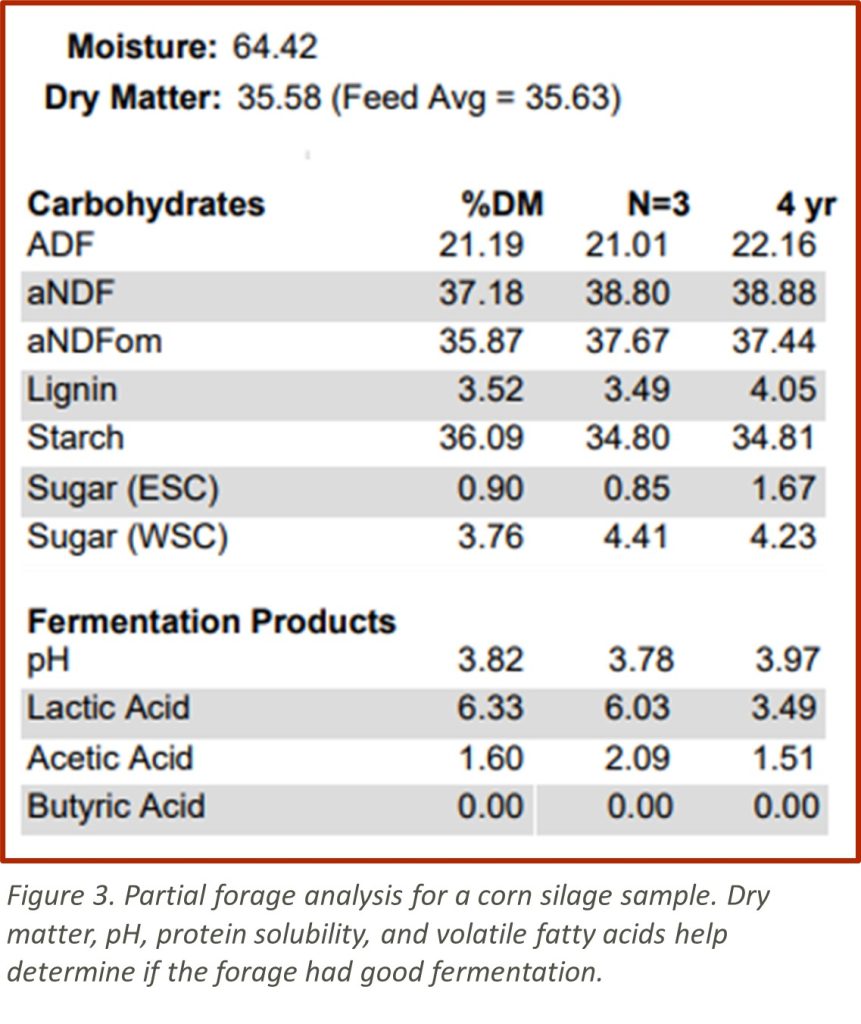 Figure 3. Partial forage analysis for a corn silage sample. Dry matter, pH, protein solubility, and volatile fatty acids help determine if the forage had good fermentation.