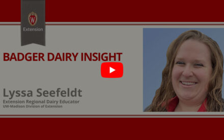 The image contains the logo and branding for "Badger Dairy Insight", which appears to be an educational or informational resource related to dairy farming or the dairy industry. There is a video play button icon, suggesting the ability to watch a video presentation. The image also shows a smiling woman identified as Lyssa Seefeldt, who is an Extension Regional Dairy Educator with the UW-Madison Division of Extension. The color scheme uses red, gray, and blue tones.