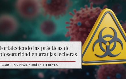 A yellow yellow biohazard sign against a backdrop of red virus particles. Below is a title "Strengthening biosecurity practices on dairy farms" with authors Carolina Pinzon and Faith Reyes.