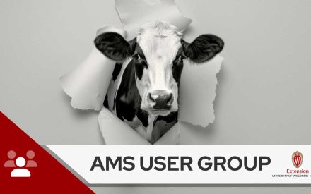 The image shows a black-and-white portrait of a cow's head emerging from a torn paper surface against a red and white background with the text "AMS USER GROUP" and the University of Wisconsin-Madison Extension logo.