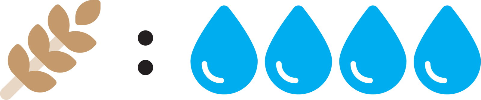 Illustration of a wheat stalk, a colon, and four blue water drops in a row