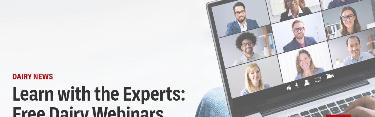 A laptop screen showing a video conference grid with 8 diverse professionals smiling at the camera. Above the image is text reading 'DAIRY NEWS' and 'Learn with the Experts: Free Dairy Webinars' with a University of Wisconsin Extension logo in the corner.