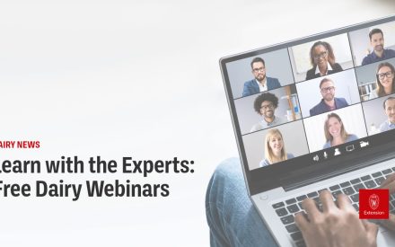 A laptop screen showing a video conference grid with 8 diverse professionals smiling at the camera. Above the image is text reading 'DAIRY NEWS' and 'Learn with the Experts: Free Dairy Webinars' with a University of Wisconsin Extension logo in the corner.