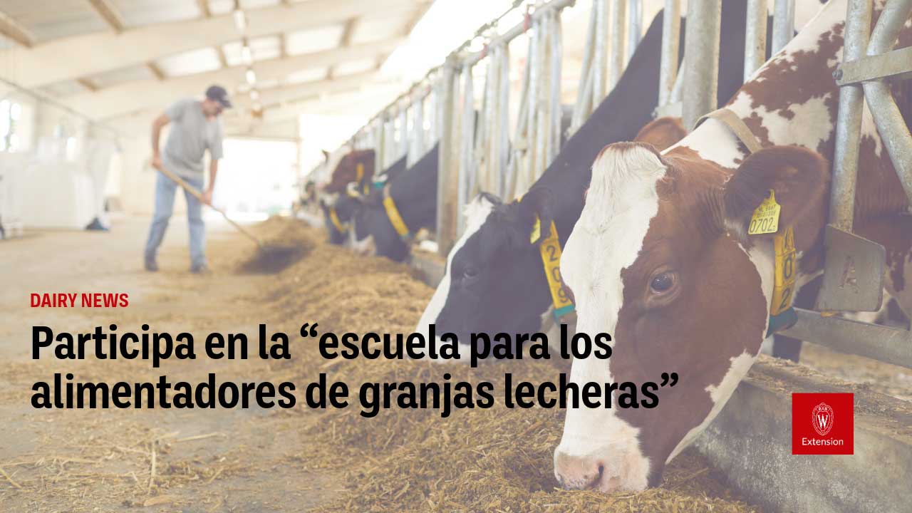 La imagen muestra una granja de lácteos con vacas en corrales. El texto superpuesto dice "Participa en la 'escuela para los alimentadores de granjas lecheras'".