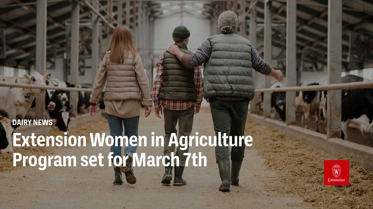 The image shows three people walking down a wooden walkway in an agricultural setting, with cows visible in the background. The text overlay reads "Extension Women in Agriculture Program set for March 7th".