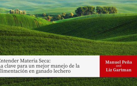 El fondo presenta un hermoso paisaje de campos agrícolas verdes ondulantes con suaves colinas y árboles dispersos, mostrando tierras de cultivo vibrantes bajo cultivo. El título del artículo 'Comprender la Materia Seca: Una Clave para una Mejor Gestión de la Alimentación de los Lácteos' con los autores Manuel Peña y Liz Gartman se muestra en un panel rojo a la derecha.