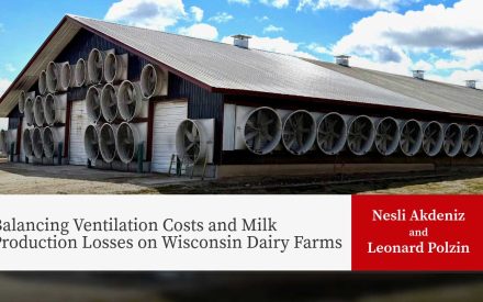 Large dairy barn with extensive circular ventilation fans covering exterior walls under blue sky with clouds. Article title "Balancing Ventilation Costs and Milk Production Losses on Wisconsin Dairy Farms" and authors "Nesli Akdeniz and Leonard Polzin"