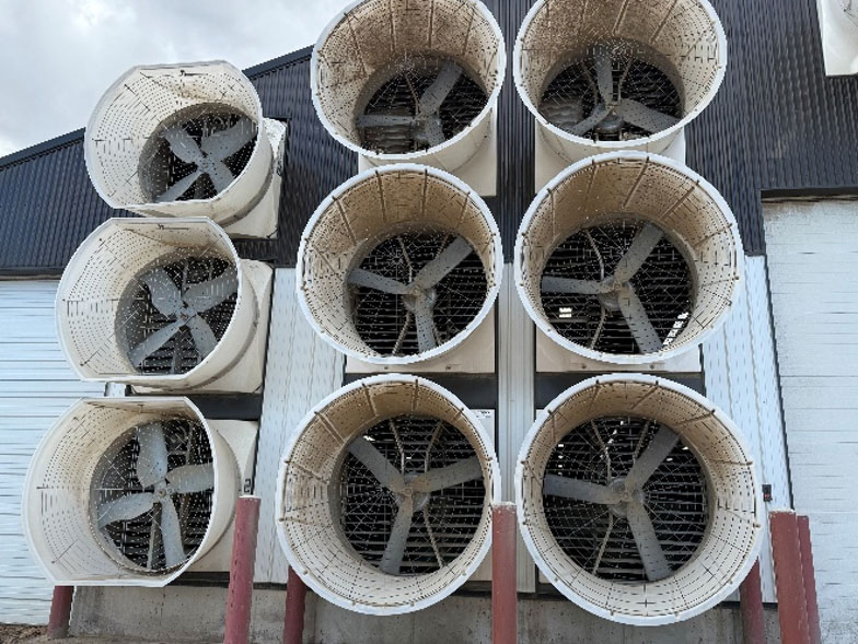 Nine large industrial exhaust fans mounted on exterior wall of agricultural building for ventilation cooling