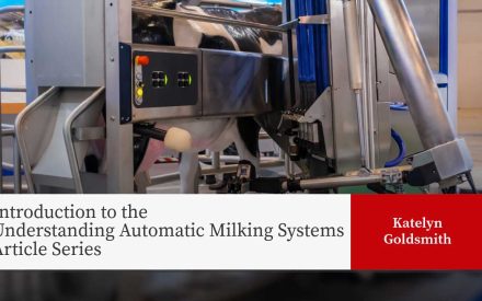 Automatic milking system with robotic arm and control panel in dairy facility for article series by Katelyn Goldsmith.