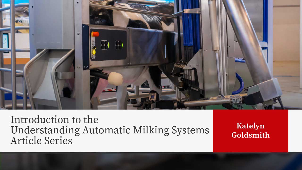 Automatic milking system with robotic arm and control panel in dairy facility for article series by Katelyn Goldsmith.