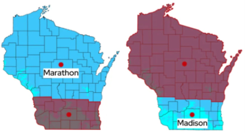 Alt text: Two Wisconsin county maps showing Marathon highlighted in red on left map and Madison highlighted in red on right map.