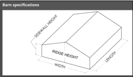 Barn specifications diagram showing 3D building outline with labeled dimensions: sidewall height, ridge height, width, and length.