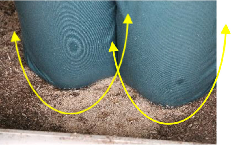Kneeling in calf bedding surface. Arrows show to how perform test of rocking side to side.