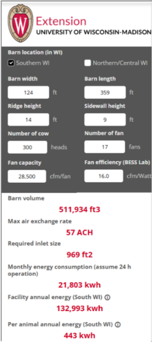 Sample input and output from Cool Cows calculator.