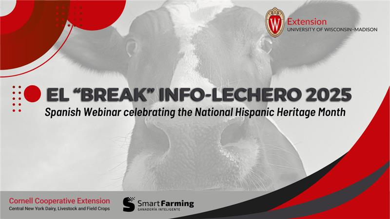 UW-Madison Extension webinar 'El Break Info-Lechero' in Spanish celebrating Hispanic Heritage Month, with a dairy cow background.