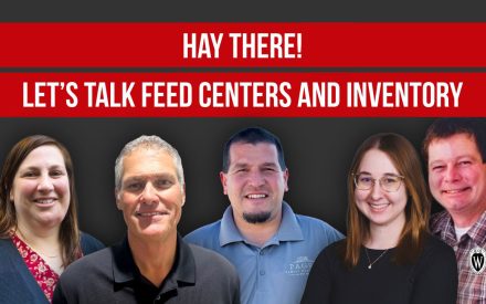 Portraits of Jackie McCarville, Grant Grinstead, Ryan Schultz, Katelyn Goldsmith and Jake Peissig with text "Hay There! Let's Talk Feed Centers and Inventory".