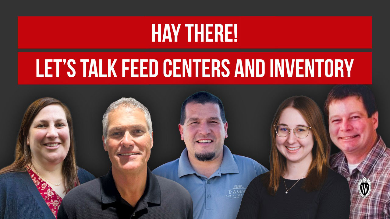 Portraits of Jackie McCarville, Grant Grinstead, Ryan Schultz, Katelyn Goldsmith and Jake Peissig with text "Hay There! Let's Talk Feed Centers and Inventory".