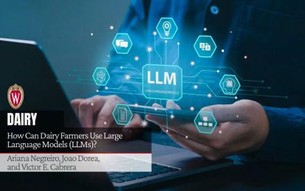Visual concept of Large Language Models with icons and interactions. Article titled "How Can Dairy Farmers Use Large Language Models (LLMs)?" by Ariana Negreiro, Joao Dorea, and Victor E. Cabrera with UW-Madison logo.