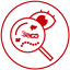 Icon line drawing showing an eye looking at microbes or germs under a magnifying glass.