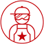 Icon line drawing showing a worker wearing a baseball hat, goggles, and an apron.