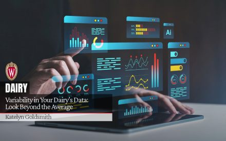Dairy program image with data visualization interfaces. "Variability in Your Dairy's Data: Look Beyond the Average" by Katelyn Goldsmith.