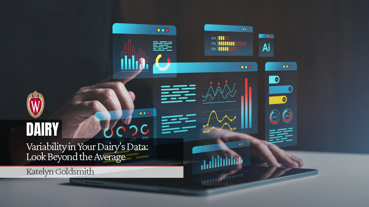 Dairy program image with data visualization interfaces. "Variability in Your Dairy's Data: Look Beyond the Average" by Katelyn Goldsmith.