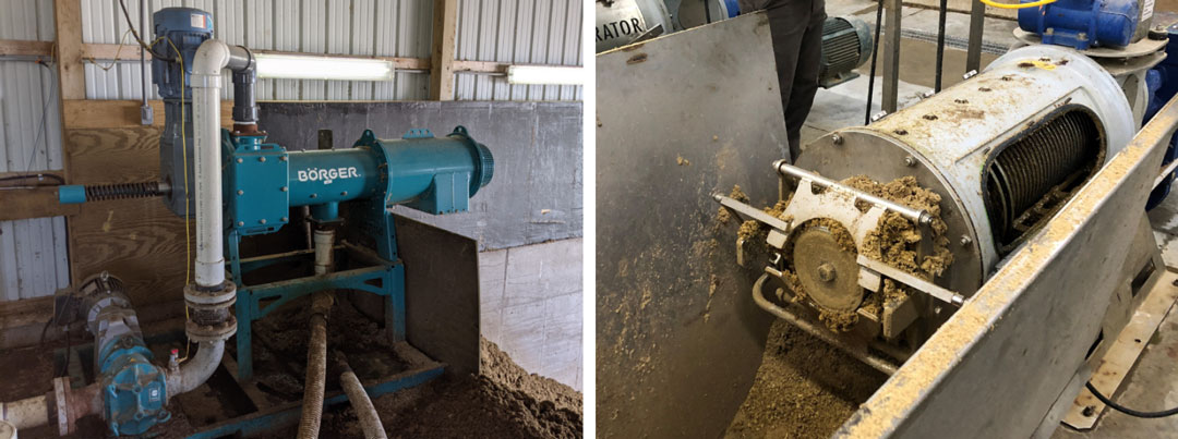 wo photos of screw press separators in operation: a Börger unit installed in a barn facility and a close-up of auger discharge with separated solids.