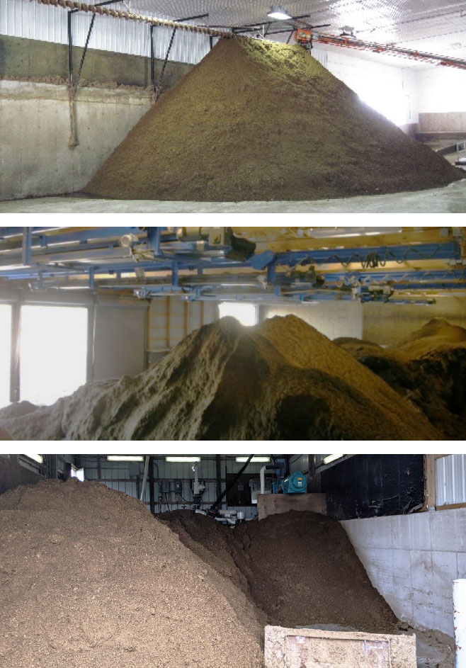 Three photos of separated manure solids stockpiled indoors at farm facilities, showing varying textures and colors of fiber material.