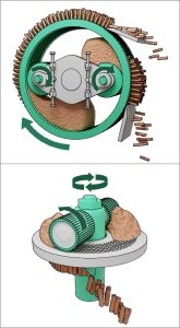 Two-panel diagram showing cross-section and 3D views of a a pellet extruder. One uses a ring die and the other a flat die.