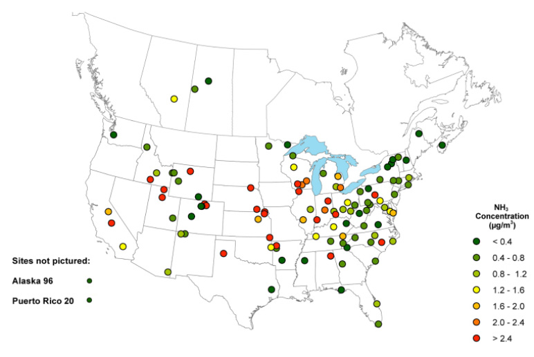 U.S. map showing NH₃ concentration monitoring sites by color. Highest concentrations (red, >2.4 µg/m³) cluster in the Midwest and Southeast. Alaska and Puerto Rico noted separately.