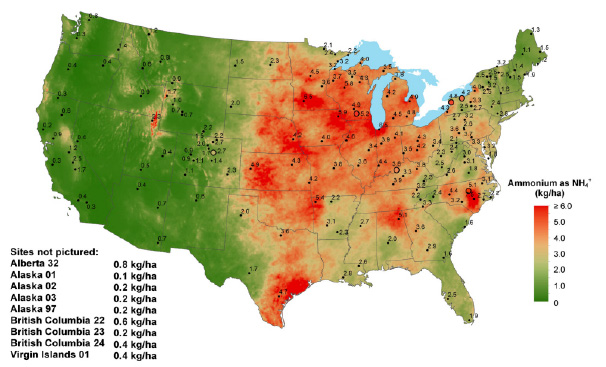 U.S. heat map of ammonium (NH₄⁺) deposition in kg/ha. Highest levels (red, ≥6.0) concentrated in the Midwest and mid-Atlantic. Outlying sites listed separately.