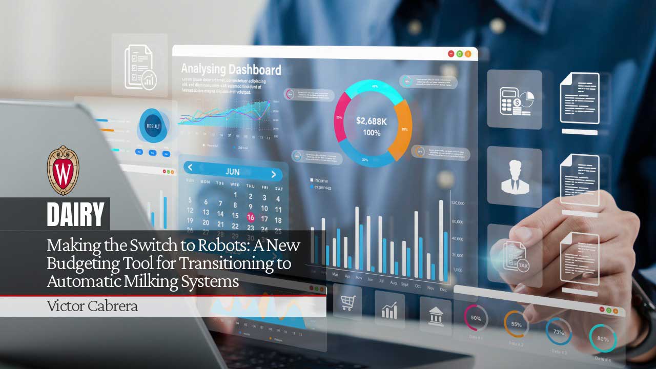 Person interacting with digital dashboard interfaces displaying financial charts and data. University of Wisconsin logo with text "DAIRY Making the Switch to Robots: A New Budgeting Tool for Transitioning to Automatic Milking Systems" by Victor Cabrera.