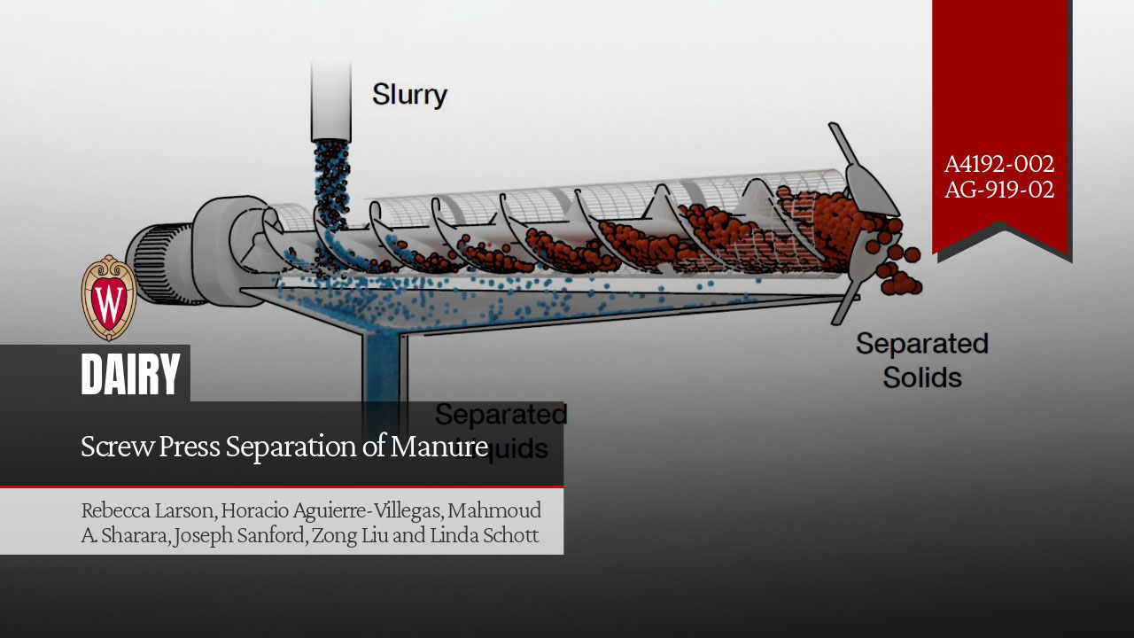 Cover image for "Screw Press Separation of Manure" by Larson et al., showing a screw press separator diagram with slurry input, separated solids, and liquids outlets.