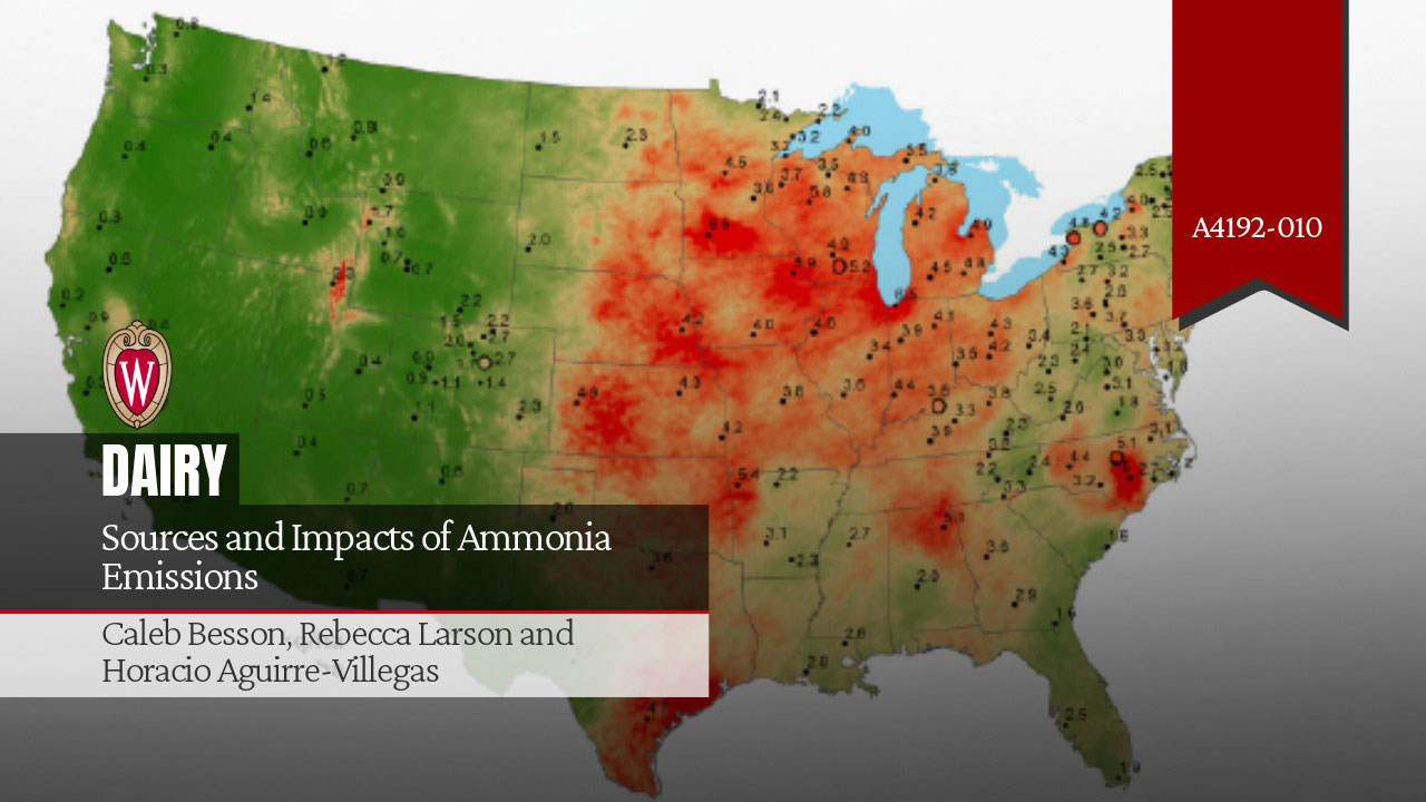 U.S. ammonia deposition heat map with highest concentrations in the Midwest. "Sources and Impacts of Ammonia Emissions" by Caleb Besson, Rebecca Larson, and Horacio Aguirre-Villegas.