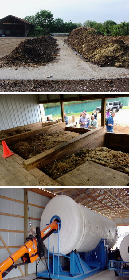 Three photos of composting systems: outdoor windrows near a barn (top), indoor wooden bin composting with observers (middle), and an in-vessel rotary drum composter inside a building (bottom).