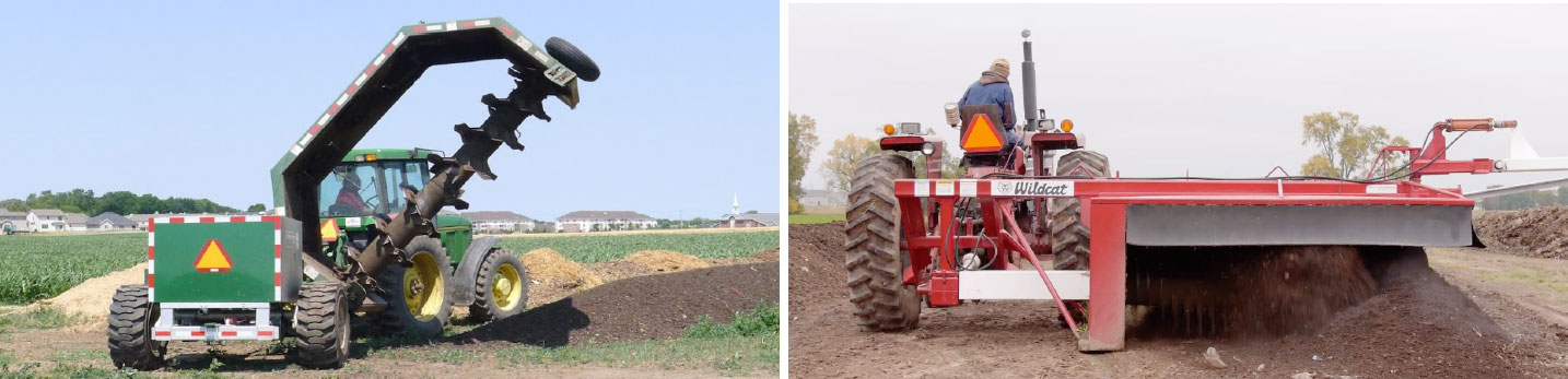 Two photos of compost turning equipment in field operation: a green John Deere tractor with auger attachment (left) and a red Wildcat windrow turner pulled by a tractor (right).
