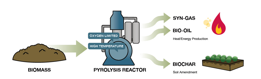 Diagram showing biomass converted in a pyrolysis reactor (oxygen-limited, high temperature) into syn-gas, bio-oil, and biochar.