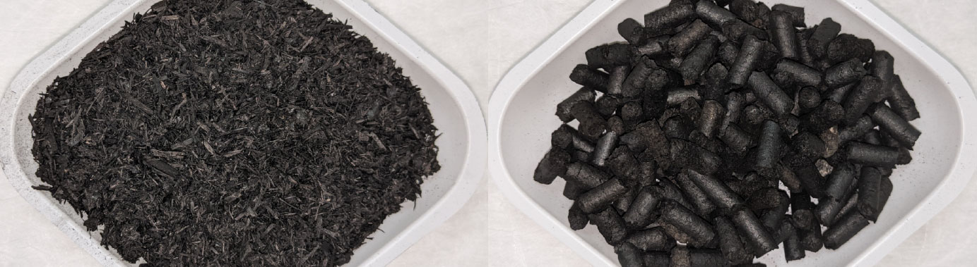 Two white trays of black biochar: loose fibrous flakes (left) and compact cylindrical pellets (right), showing two physical forms of biochar.