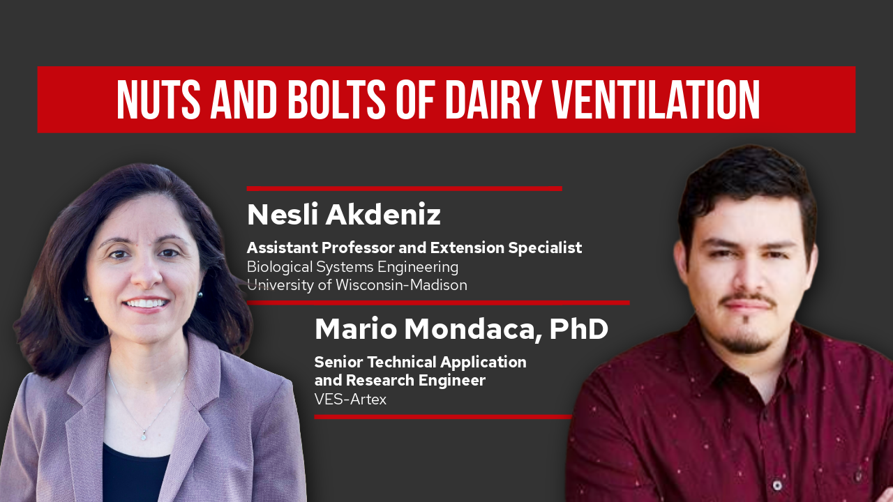 Promotional slide for "Nuts and Bolts of Dairy Ventilation Design: An Interactive Calculator for Fan Selection" featuring Nesli Akdeniz.