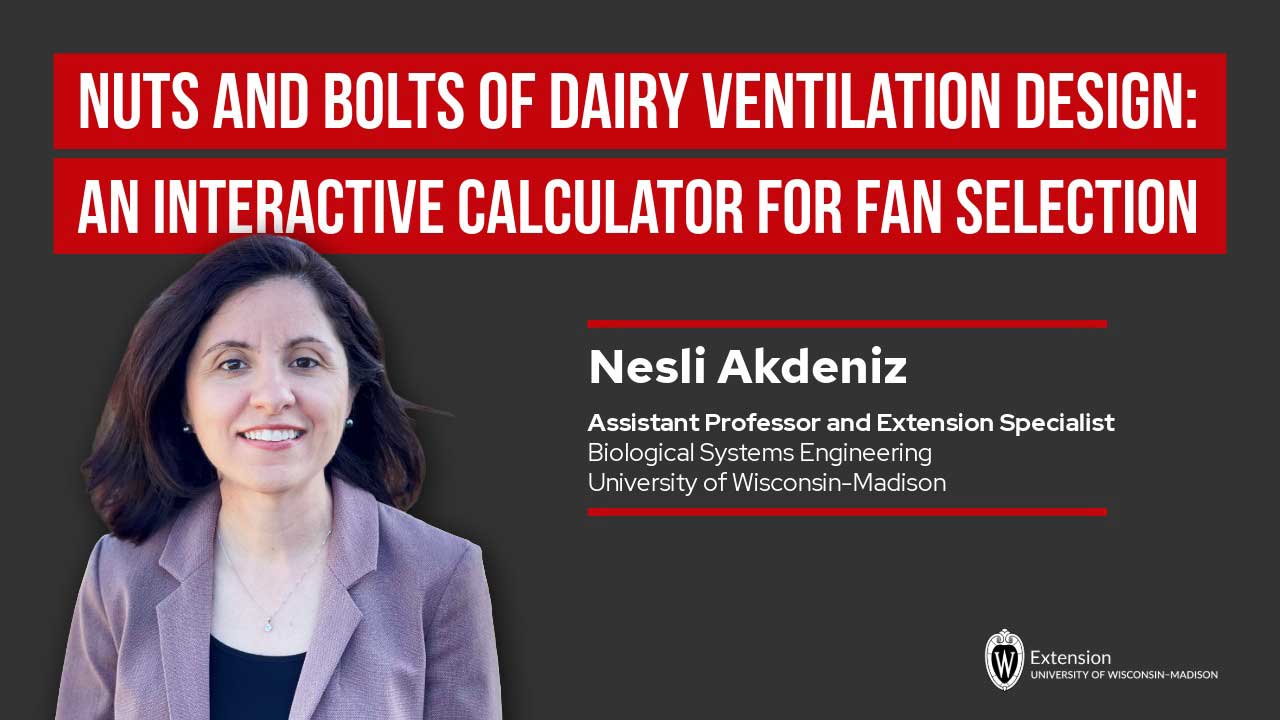 Promotional slide for "Nuts and Bolts of Dairy Ventilation Design: An Interactive Calculator for Fan Selection" featuring Nesli Akdeniz.