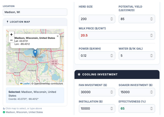 Screenshot of dairy farm cooling investment calculator with location set to Madison, WI, herd size 200, milk price $20.50/cwt.