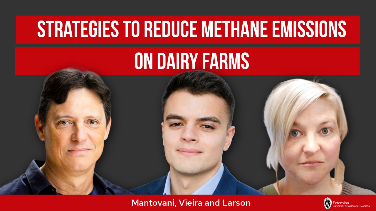 Strategies to Reduce Methane Emissions on Dairy Farms" — presentation slide featuring authors Mantovani, Vieira, and Larson. University of Wisconsin–Madison Extension.