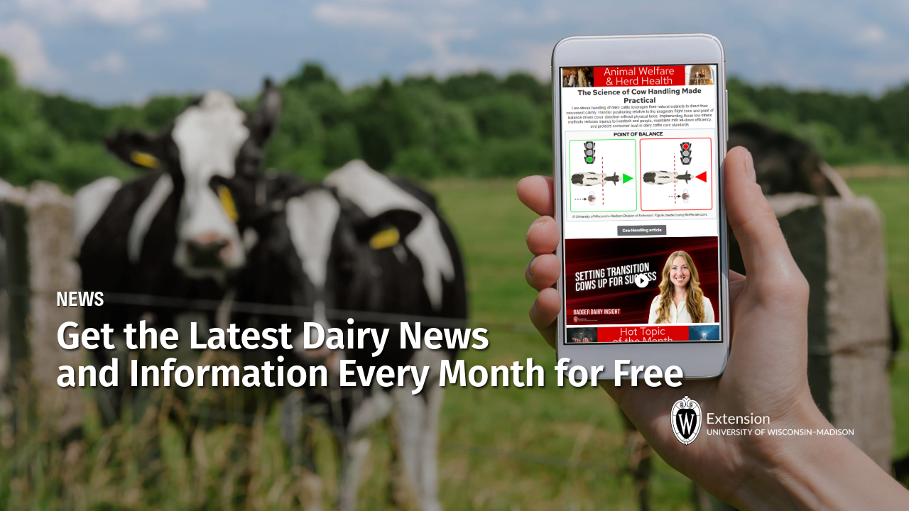 A hand holds a smartphone displaying "Animal Welfare & Herd Health" over a background of dairy cows in a pasture.